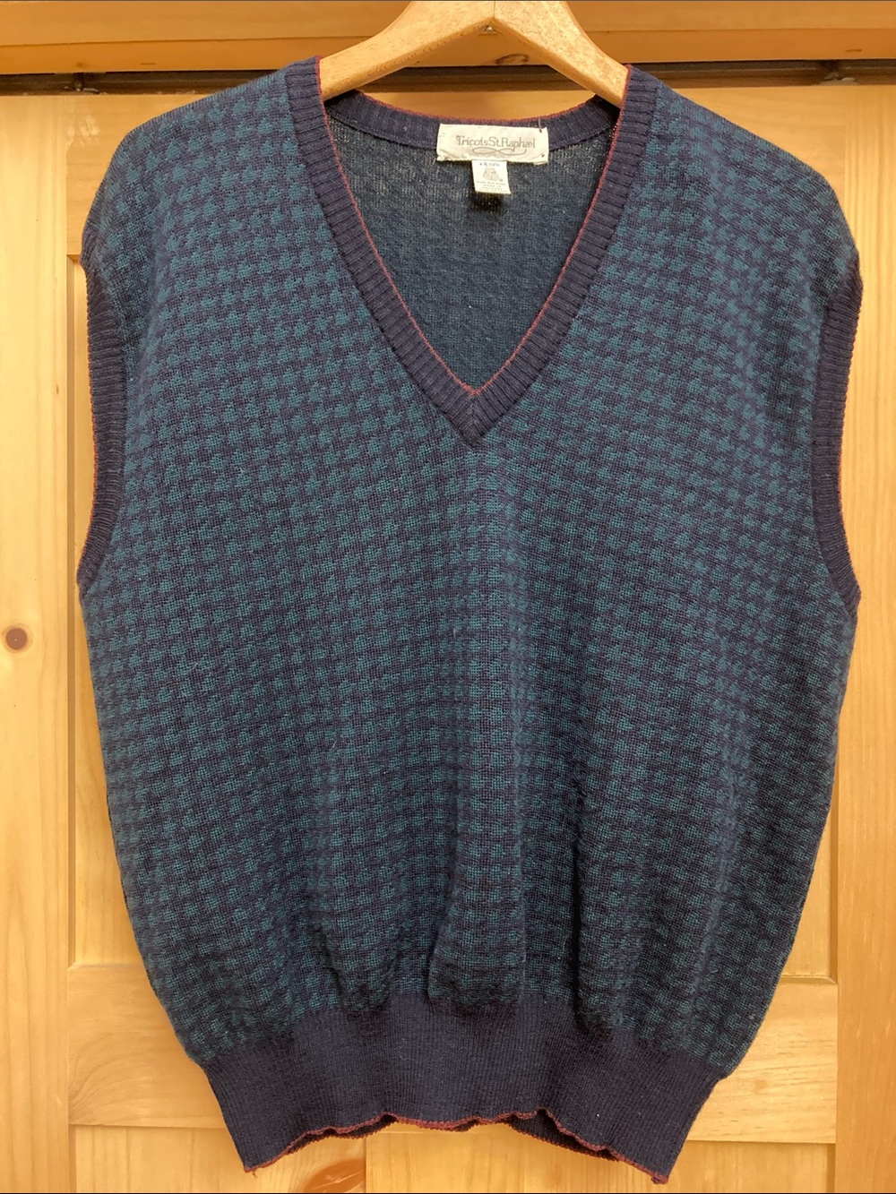 Vintage Tricots St. Raphael Navy and Teal Houndstooth V-Neck Sweater Vest